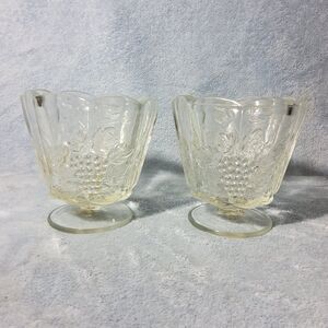 (2)Vintage Clear Pressed Glass Embossed Grape Design Pedestal Compote Candy Bowl